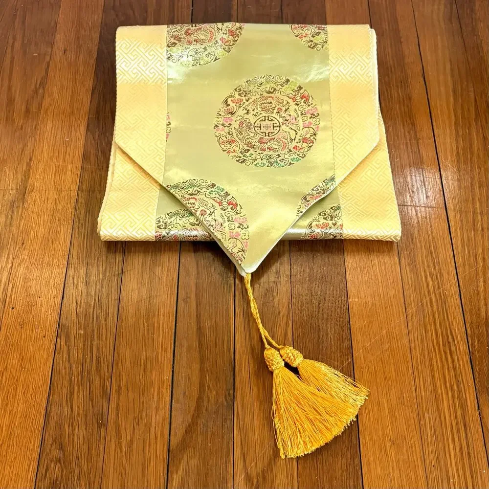 Vintage Asian Silk Brocade Table Runner Gold Tassels Chinoiserie